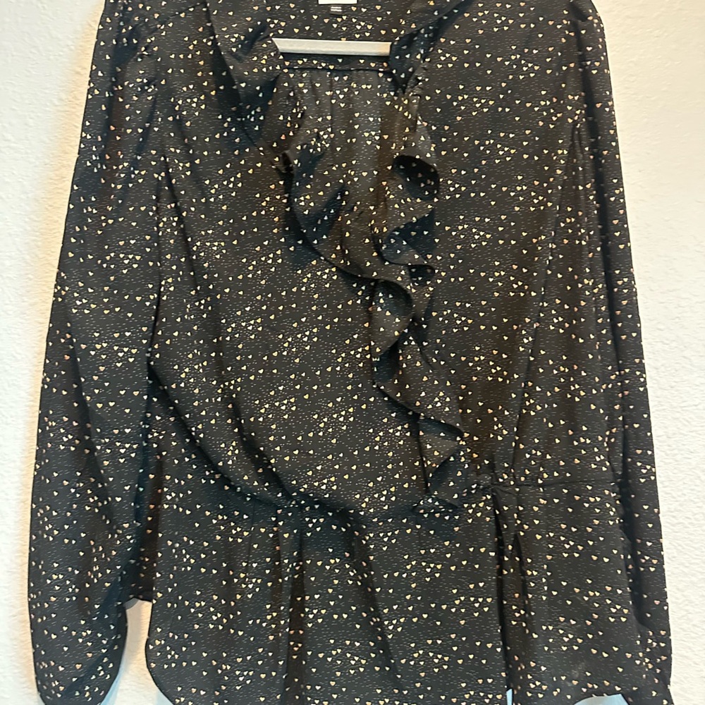 CAbi black blouse  with pink and cream hearts